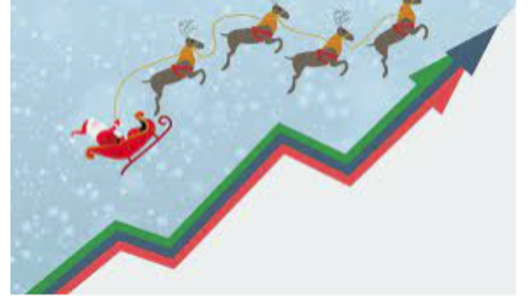 A picture of Santa flying along an upward sloping line.