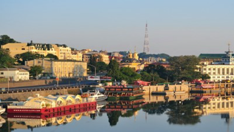 European houses by a lake.