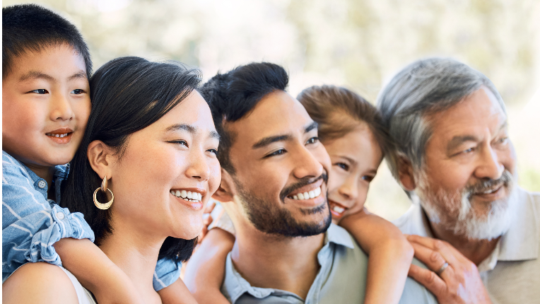 Multigenerational family smiling and posing for a photo.