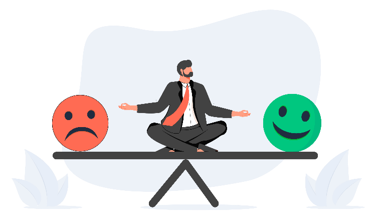 Cartoon man sitting on a teeter totter with a happy face on the right side and a sad face on the left side