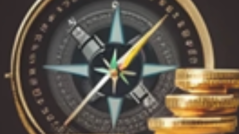 A picture of a compass with coins in front of it.