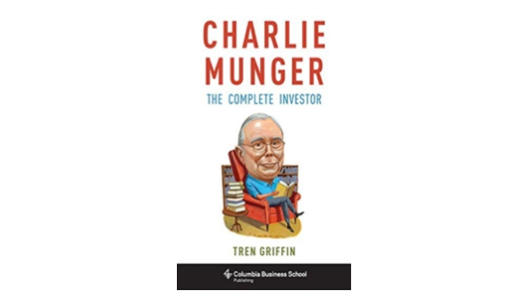 Illustration of Munger reading a stack of books