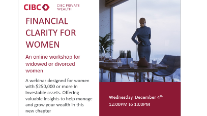 Event invitation with an image of a woman looking out of a window. Event is titled Financial Clarity for Women. It is an online workshop for widowed or divorced women.