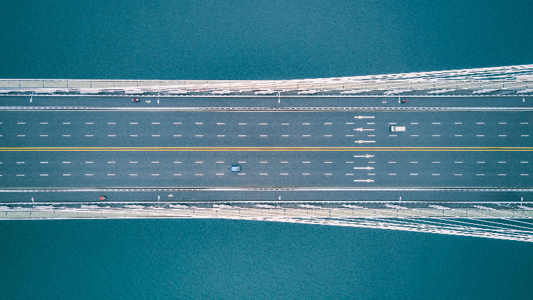 Overhead view of highway bridge.