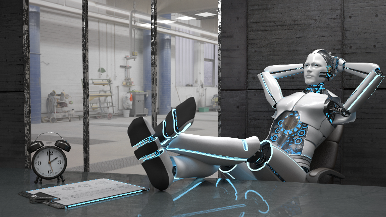 Robot relaxing in an office with its feet up on the desk.
