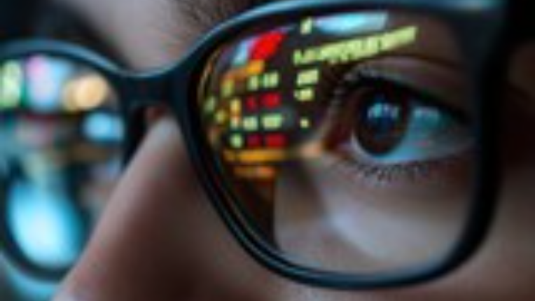 student with glasses looking at stocks - reflection of stocks can be seen in reflection of lenses