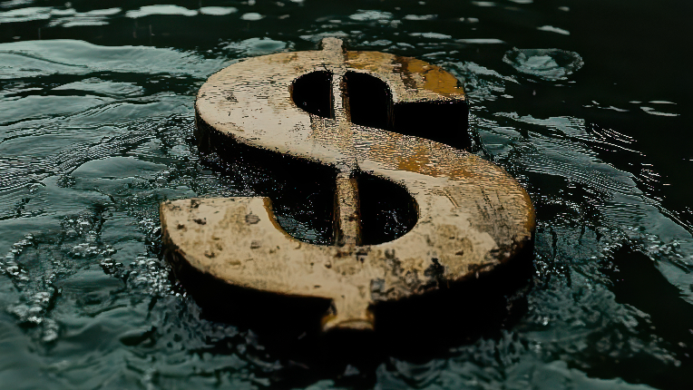 Metal dollar symbol on dark water.
