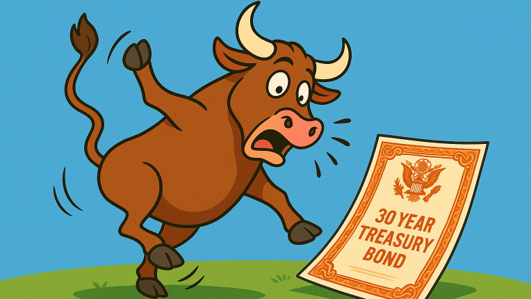 Scared bull tripping over 30 year treasury note paper.