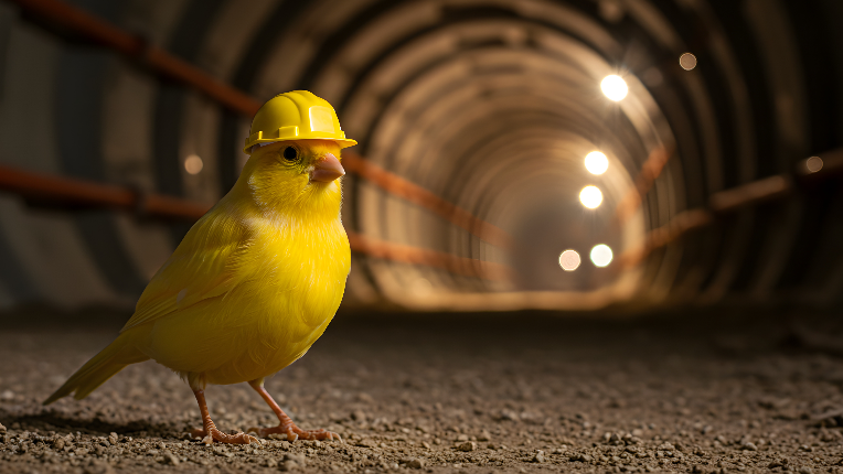 Canary wearing a hard hat in a mine.