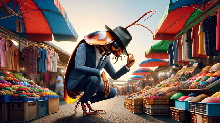 Cockroach dressed in suit in middle of market.