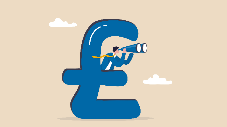 Man sitting on British pound sign looking out with binoculars.