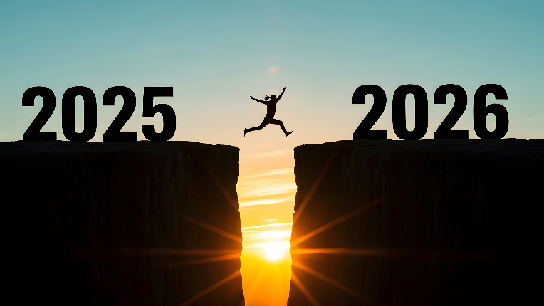 Woman jumping over gap between cliffs from 2025 to 2026.