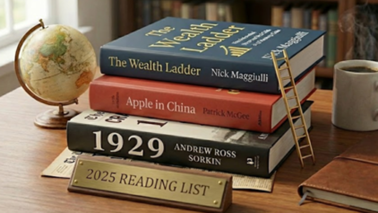 An image that shows the books The Wealth Ladder, Apple in China, and 1929 stacked in a pile.