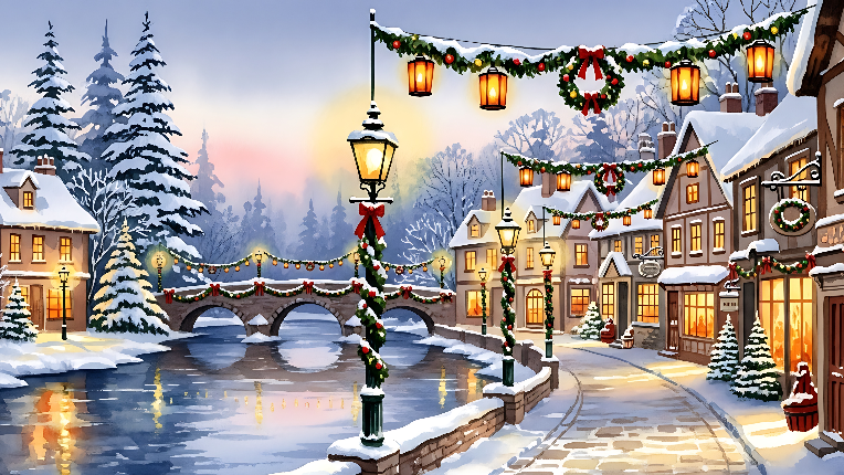 a cartoon image of a snowy, holiday street