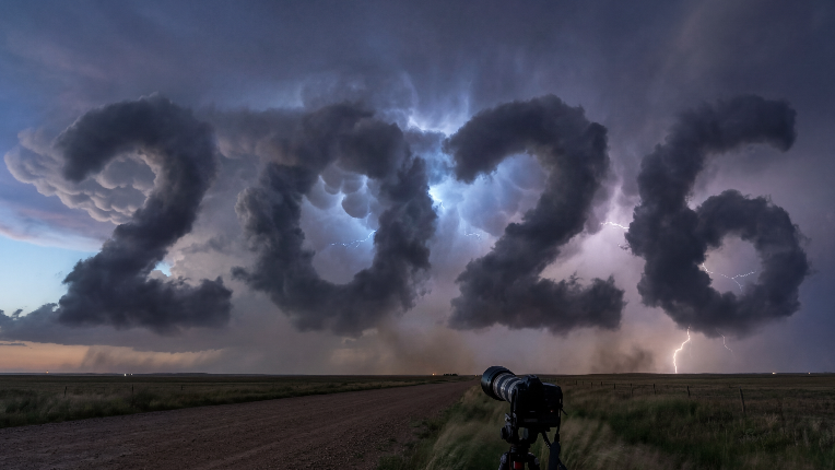 Dark stormy clouds in the shape of 2026.