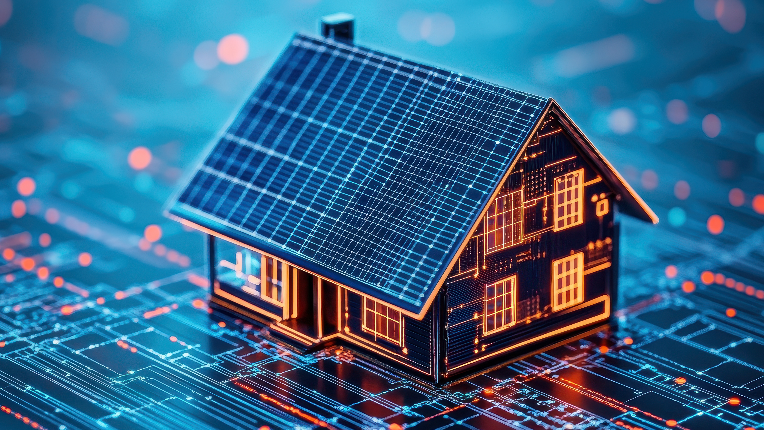 House made of electric panels sitting on chip board.