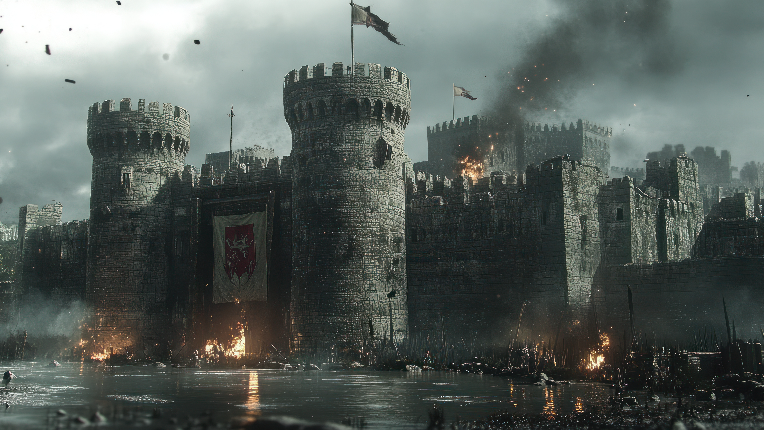 Castle on fire under dark skies.