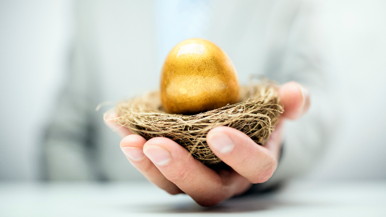 A man's hand holding a nest with a golden egg.