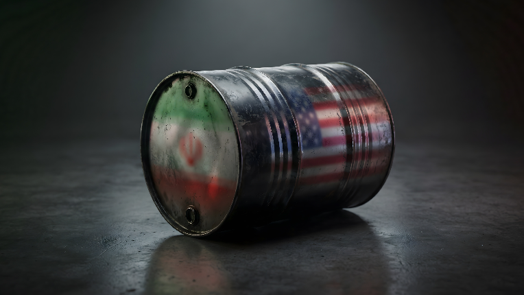 Oil barrel with reflection of flags on the side.