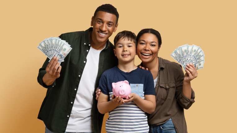 A happy family shows off their money after communicating their expectations openly