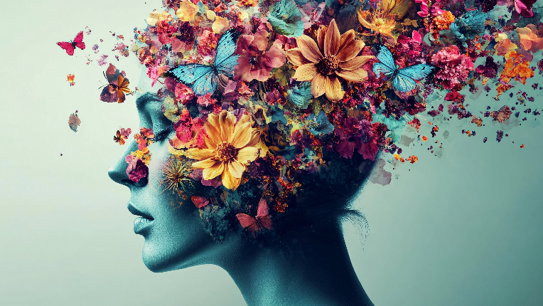 Image of flowers blooming from head sillouette