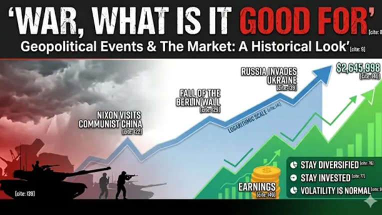 Line charts showing the S&P500 and earnings rising in spite of conflicts.