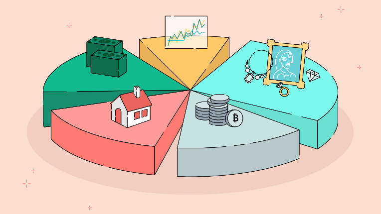 pie chart showing a home, money, valuables, line chart