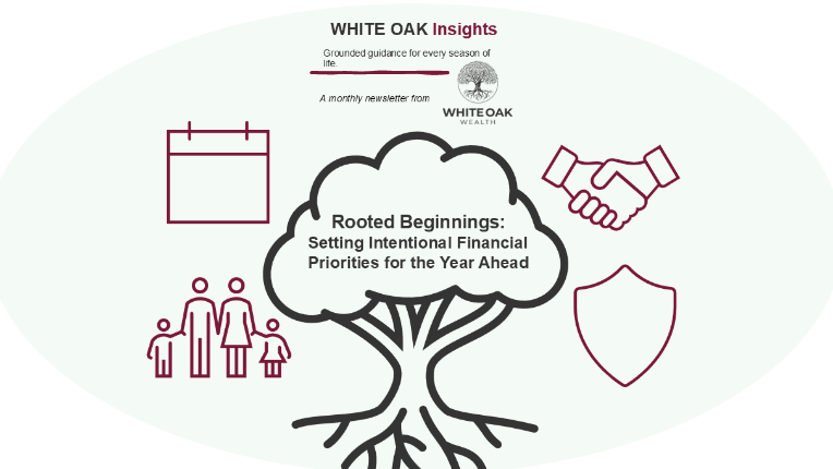 White oak insights, image of tree rooted, family, handshake, calendar, shield