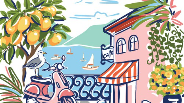 A colorful seaside café scene with a pink scooter, lemon tree, perched seagull, striped awning, and sailboats on the water.