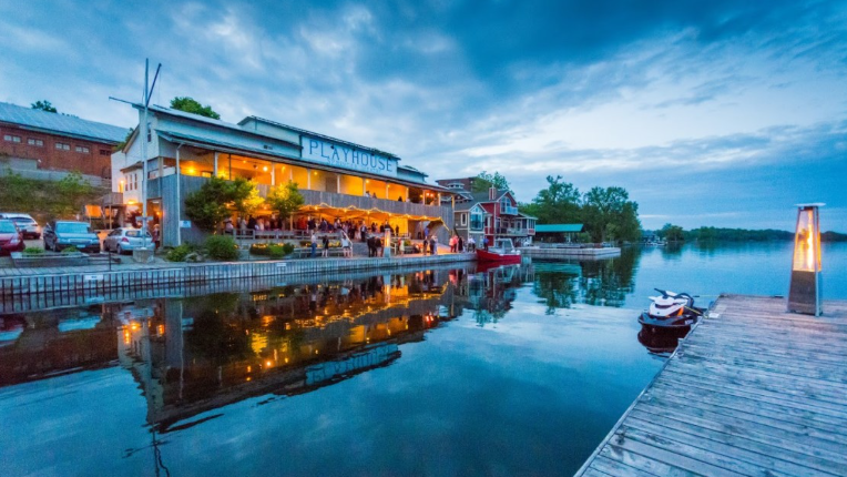 The Thousand Islands Playhouse at night from dockside