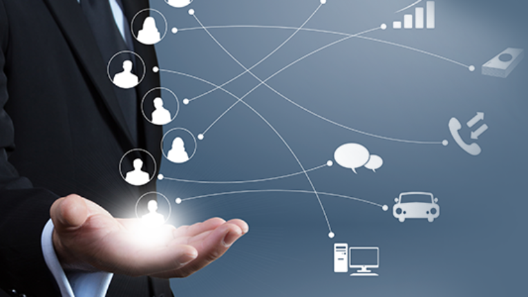 Clients networking appearing above a mans hand