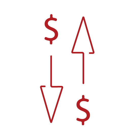 cash flow illustrated by dollar sign followed by an arrow in and another dollar sign followed by an arrow out