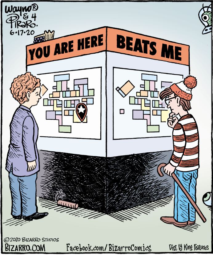 Two people standing at a mall map, in front of the woman, the map says "you are here". The other person (Waldo) is in front of a second map which says "Beats Me". 