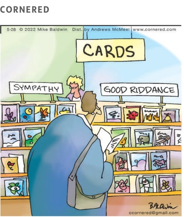 Comic of woman buying Good Riddance vs Thank You Cards 