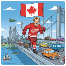 AI generated cartoon image showing a large Gord Howe skating across the Gord Howe bridge holding a hockey stick and Canadian flag