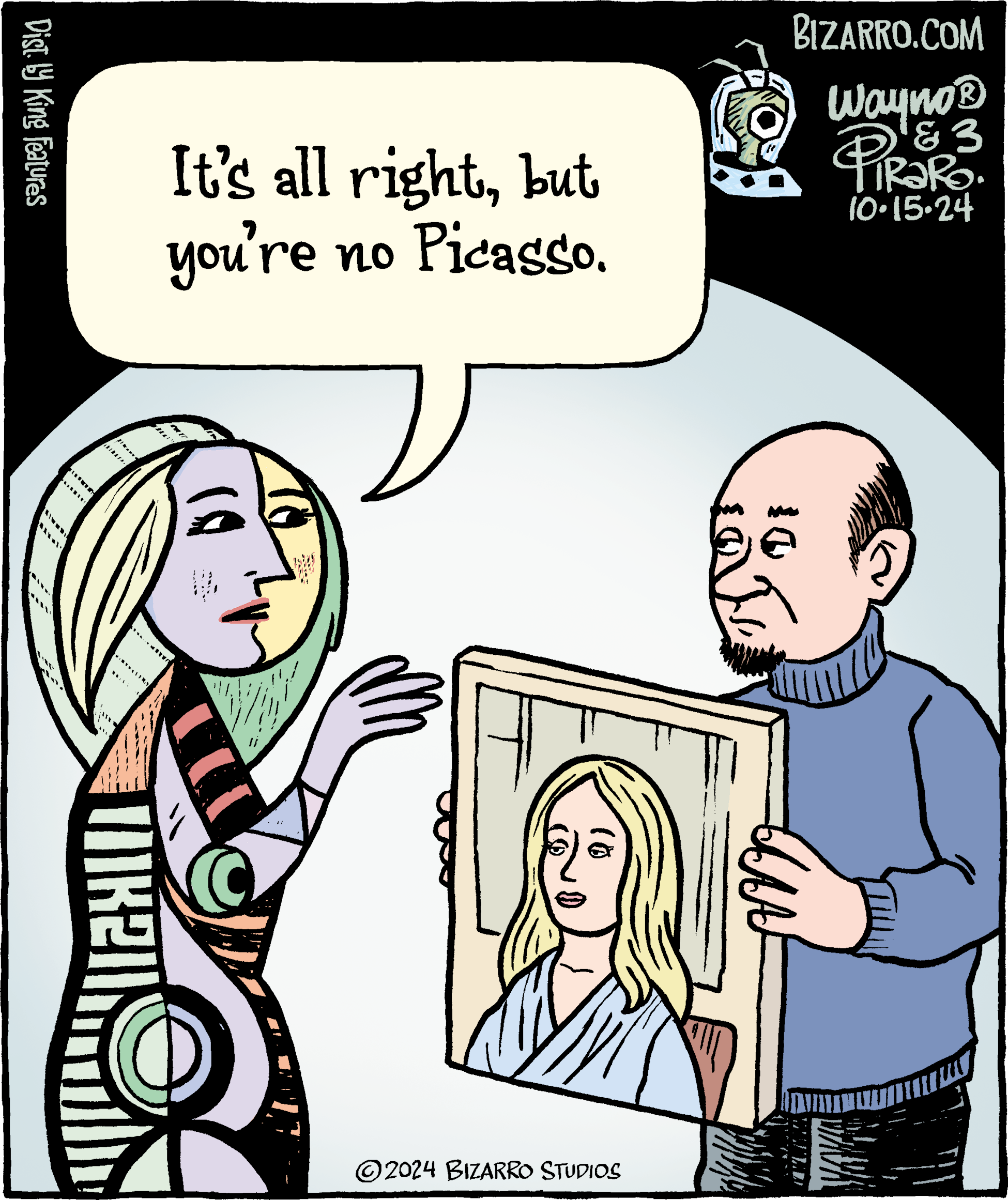 Comic strip showing Picasso's weeping woman commenting "its alright, but you're no Picasso" to a portrait of a woman