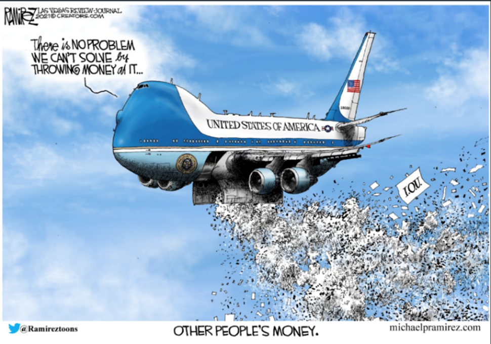 Plane labelled United States of America dropping cash from the sky. Speech bubble from the plane reads: "There is no problem we can't solve by throwing money at it". Comic is labelled 'Other People's Money'