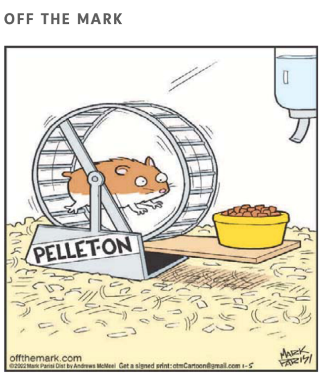 A hamster running on a wheel in front of a bowl of food, labelled 'Pellet-On'.