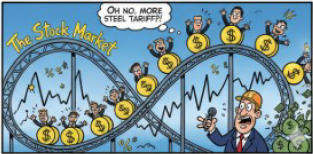 AI generated cartoon showing people in business suits riding on a rollercoaster labelled The Stock Market. One of the riders has a though bubble above his head saying 'Oh no, more steel tariff?!'