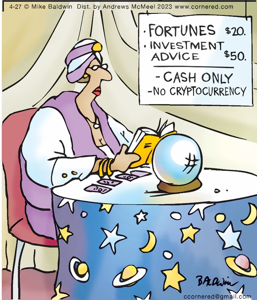 Image of a fortune teller with a sign that says Fortunes and Investment Advice cost 20 dollars and payment is cash only, 
