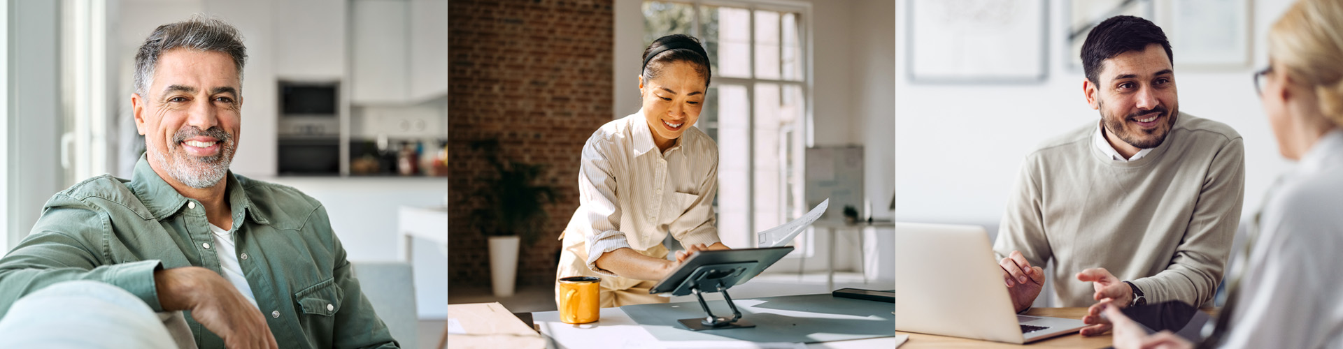 Banner with three scenes: a smiling man at home, a woman working at a desk, and two colleagues in discussion.