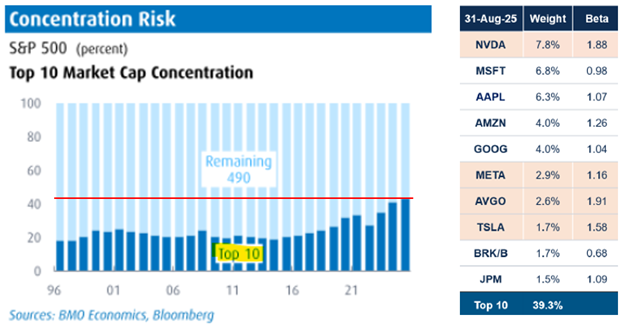 Top 10 S&P500 firms hold 39.3% of market cap as of Aug 2025, highlighting rising concentration risk.