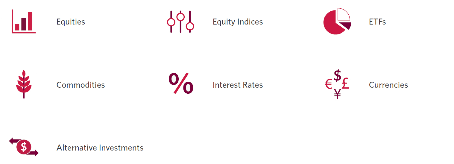 An image that shows seven icons with text beside each icon stating what type of investments can be linked to structured notes. In the top left is a bar chart moving higher for 'Equities', top middle is an image of three levers for 'Equity Indices', top right is a pie chart for 'ETFs', middle left is an image of a leaf for 'Commodities', middle image is a percentage symbol for 'Interest Rates', middle right is various currency symbols for 'Currencies', and bottom left is a money symbol with arrows pointing left and right for 'Alternative Investments'