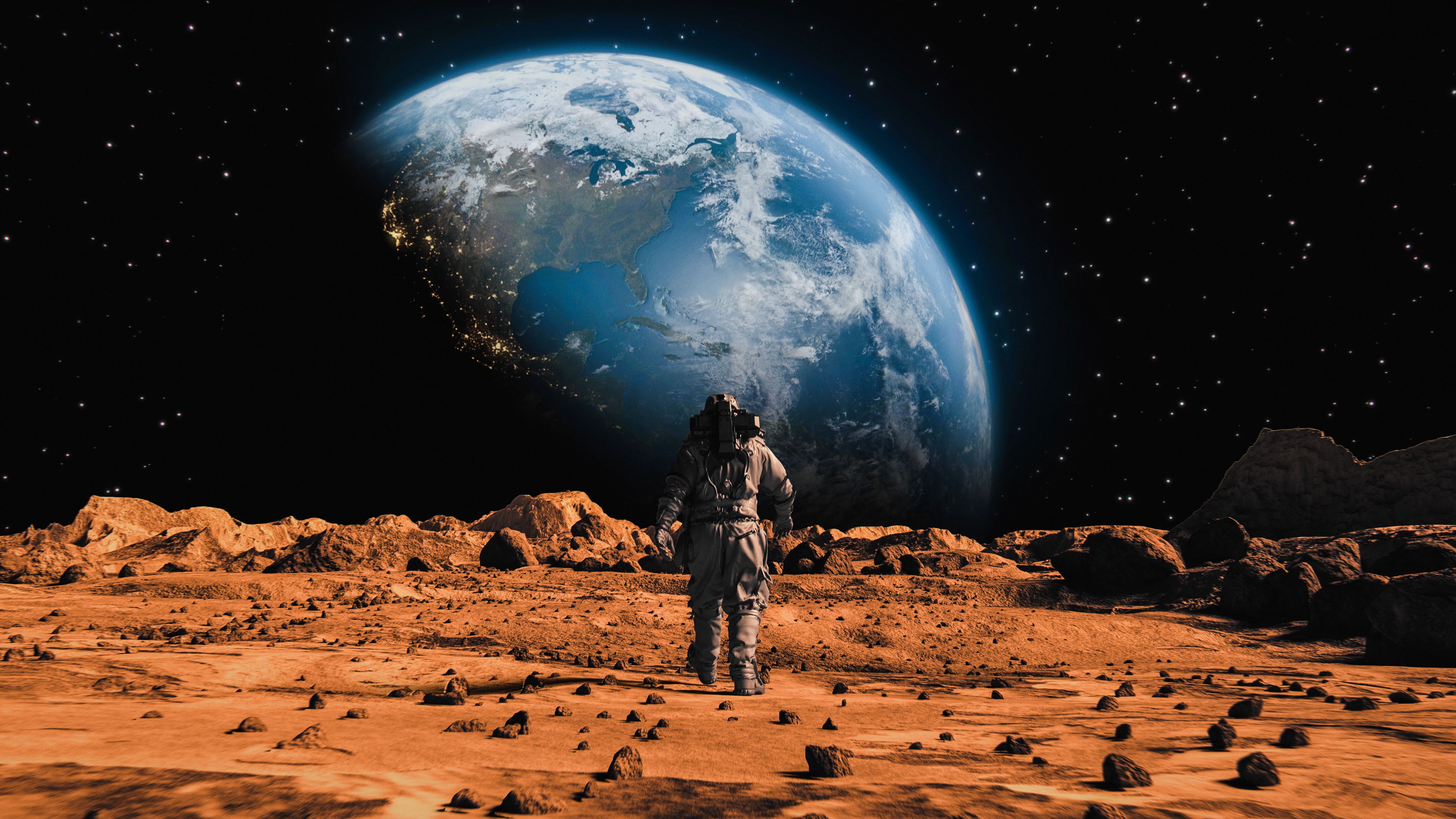 A lone astronaut stands on a rocky, reddish surface resembling Mars, gazing at Earth in the distance against a backdrop of stars.
