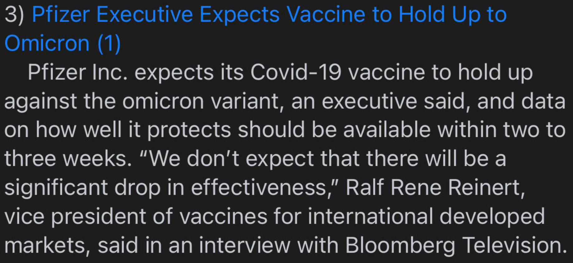 A headline from a Pfizer executive saying "We don't expect that there will be a significant drop in effectiveness."