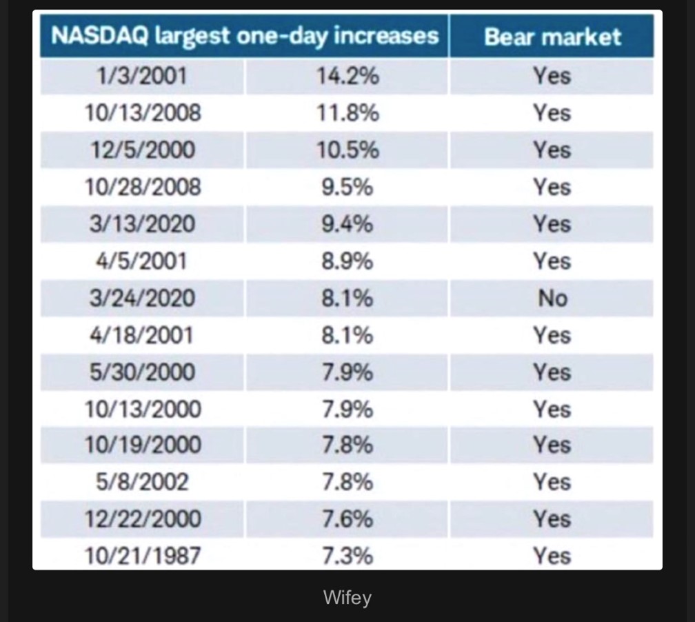 A chart showing the best one-day rallies in the NASDAQ. The best one-day rally is 14.2% and the 14th best is 7.3%. Most of the rallies occurred in Bear Markets.