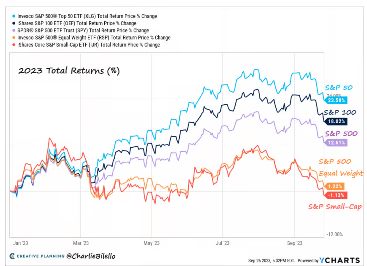 Line charts showing the year to date performance of different components of the S&P 500.
